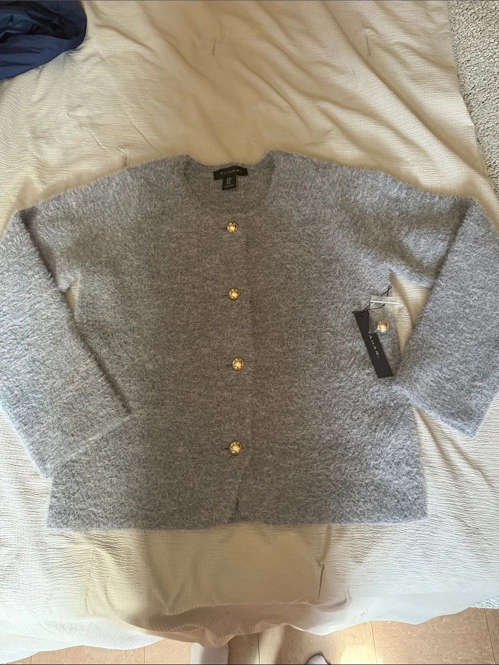 Tahari Heather Gray Fuzzy Button-Front Cardigan with Gold Buttons